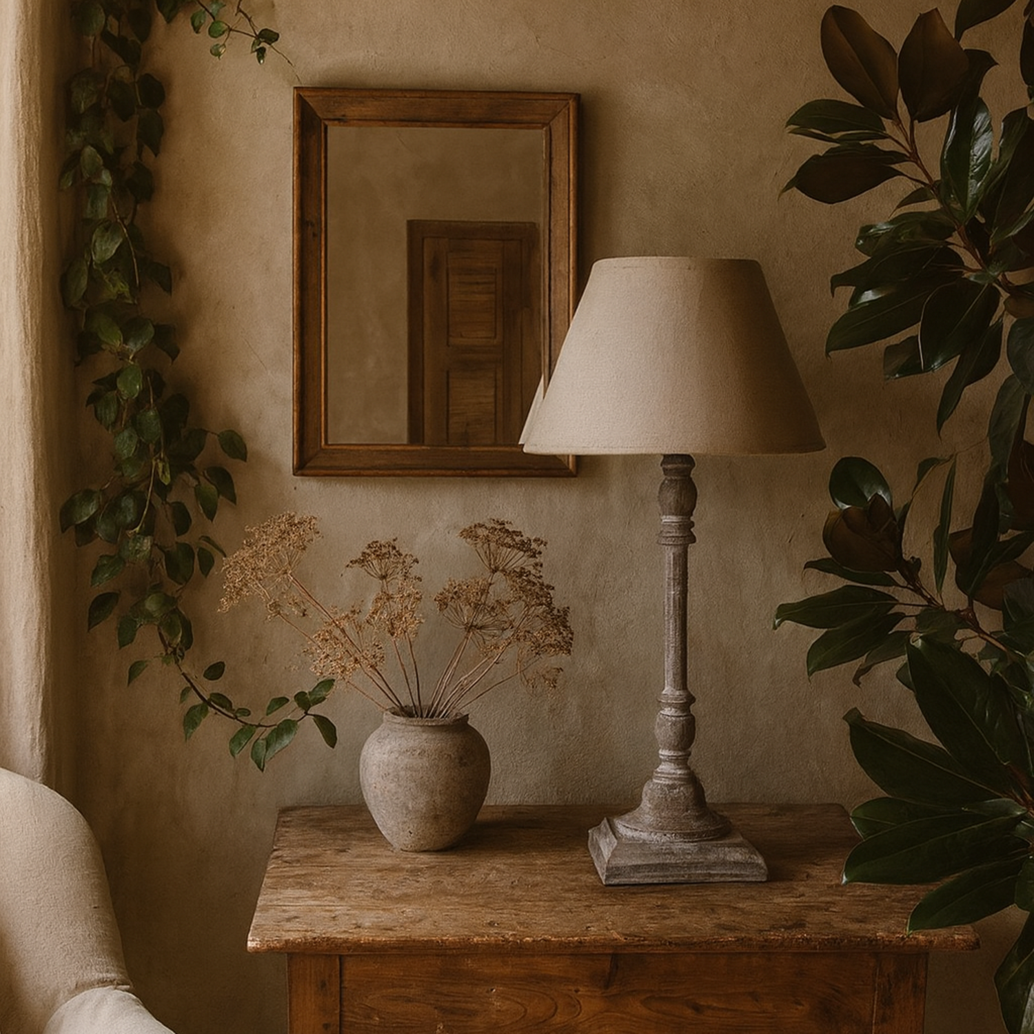 Arbori Washed Pillar Table Lamp with Linen Shade - Grey