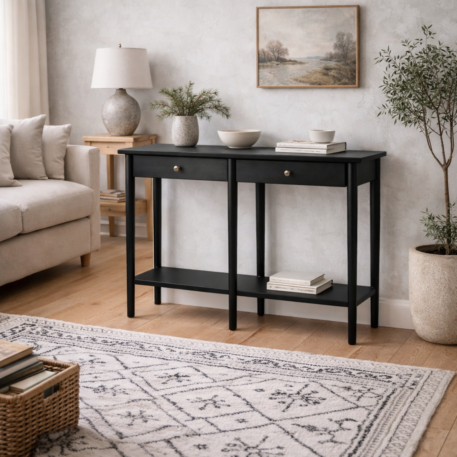 Newbridge Console Table Ash Veneer 2 Drawers - Black