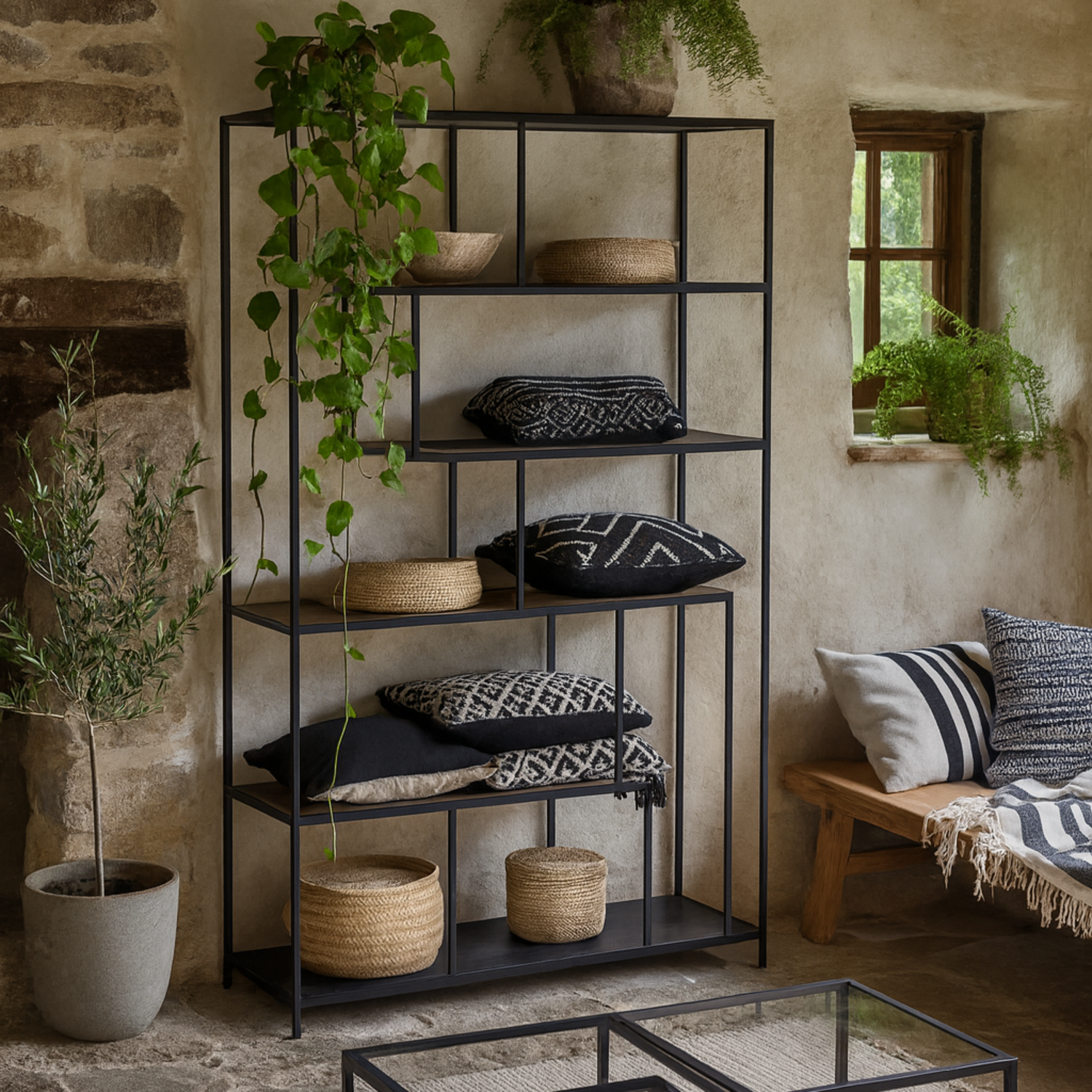 El Paso 5 Shelf Asymmetrical Bookcase Matt Metal Frame - Black
