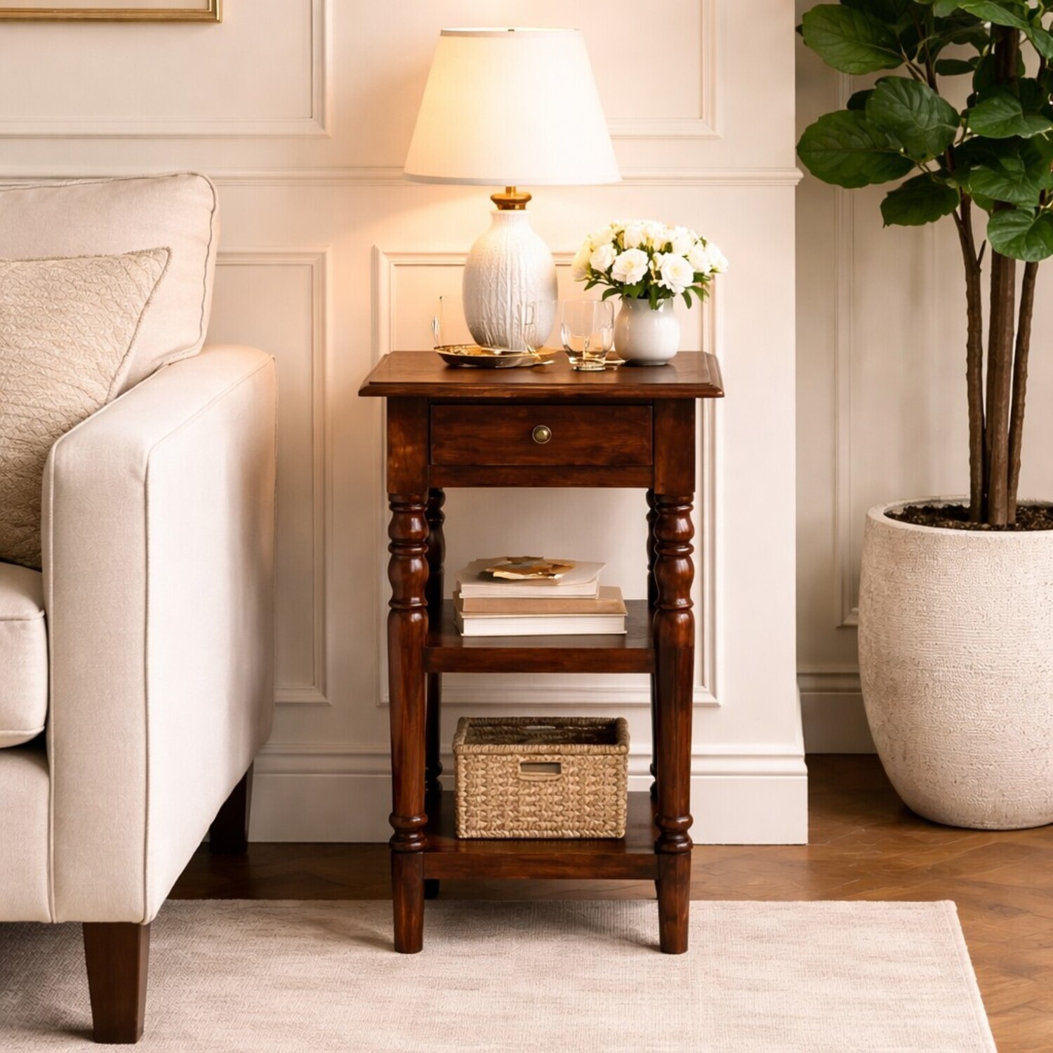 Solid Wood Tall Turned Leg Side Table - Brown