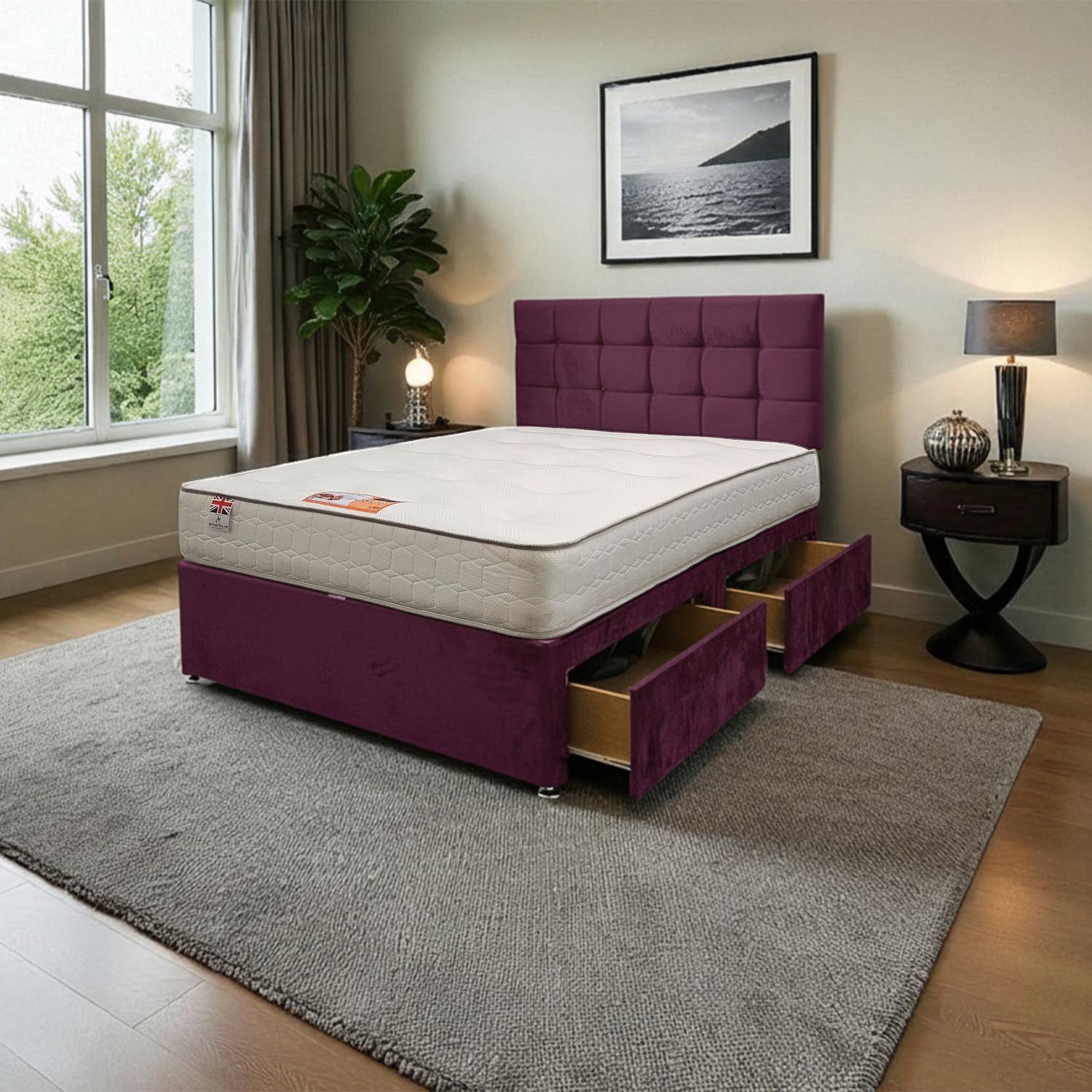 Cubed Plush Bed Set With Mattress And 24 Headboard - Aubergine Small Single 2