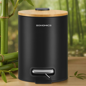 Small Waste Bin, Rubbish Bin with Bamboo Lid, Metal Pedal