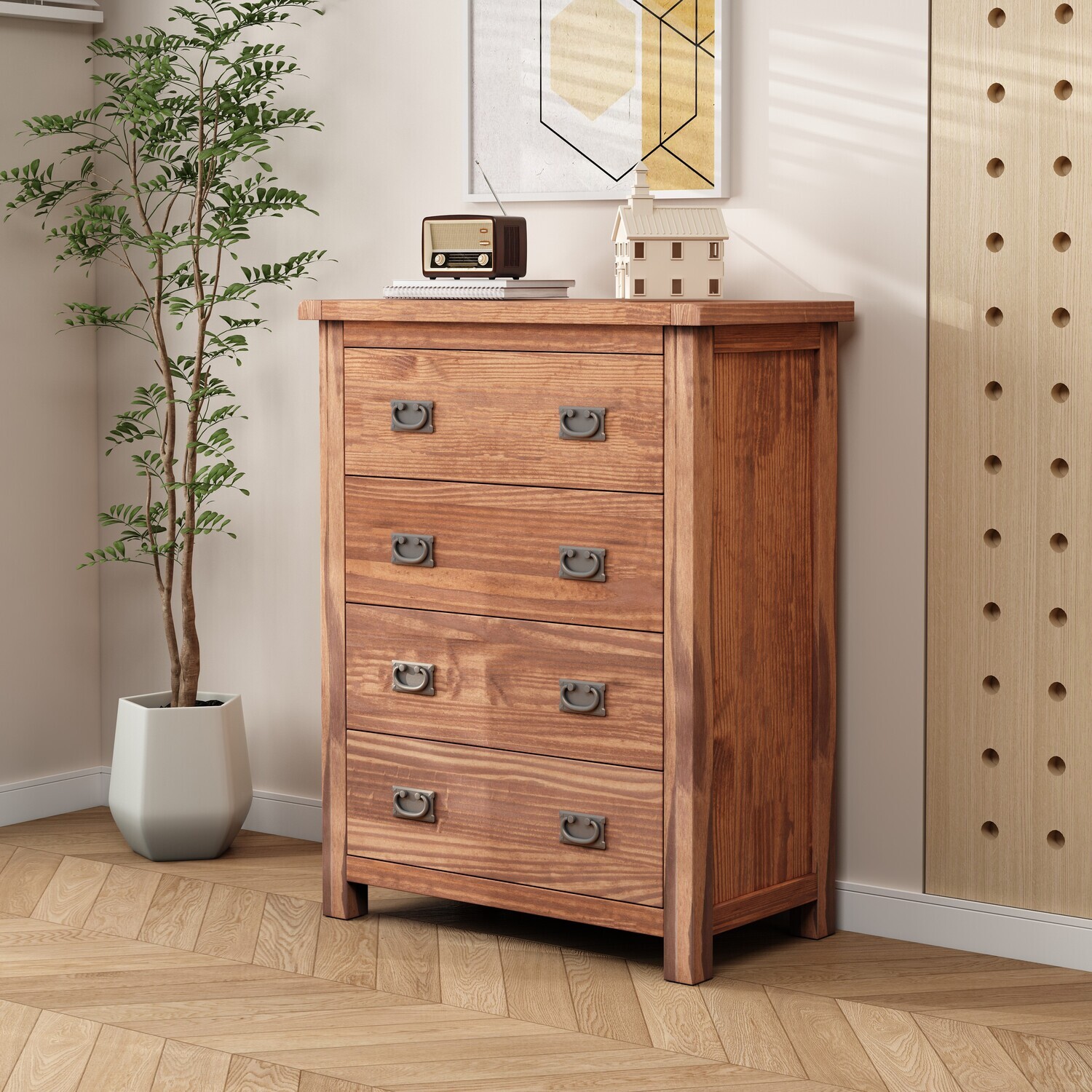 Cabinet Bits Padua 4 Drawer Petite Chest - Antique Brass Drop Handle - Brown / Mdf, Plywood, Pine
