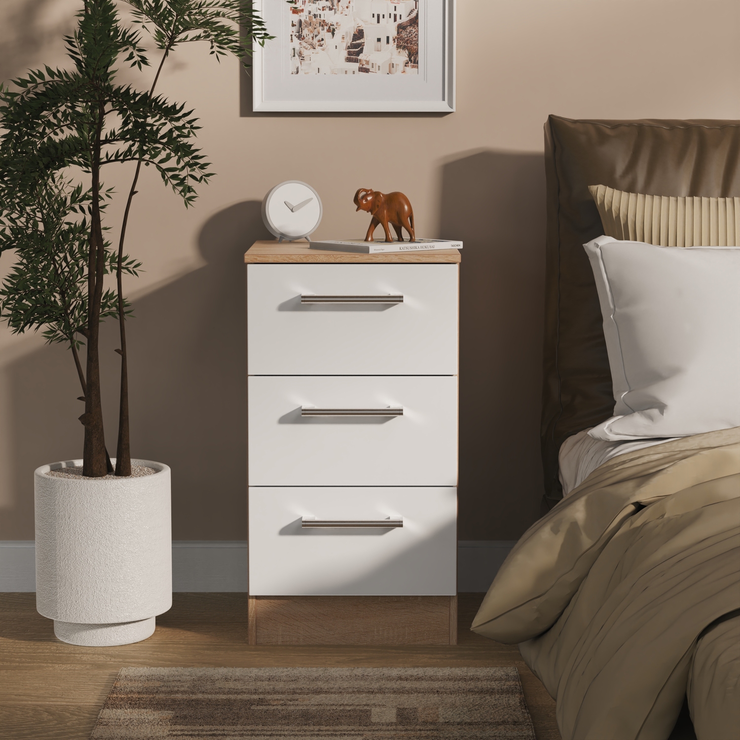 Devon Ready Assembled 3 Drawer Bedside Cabinet - White Matt Bardolino Oak