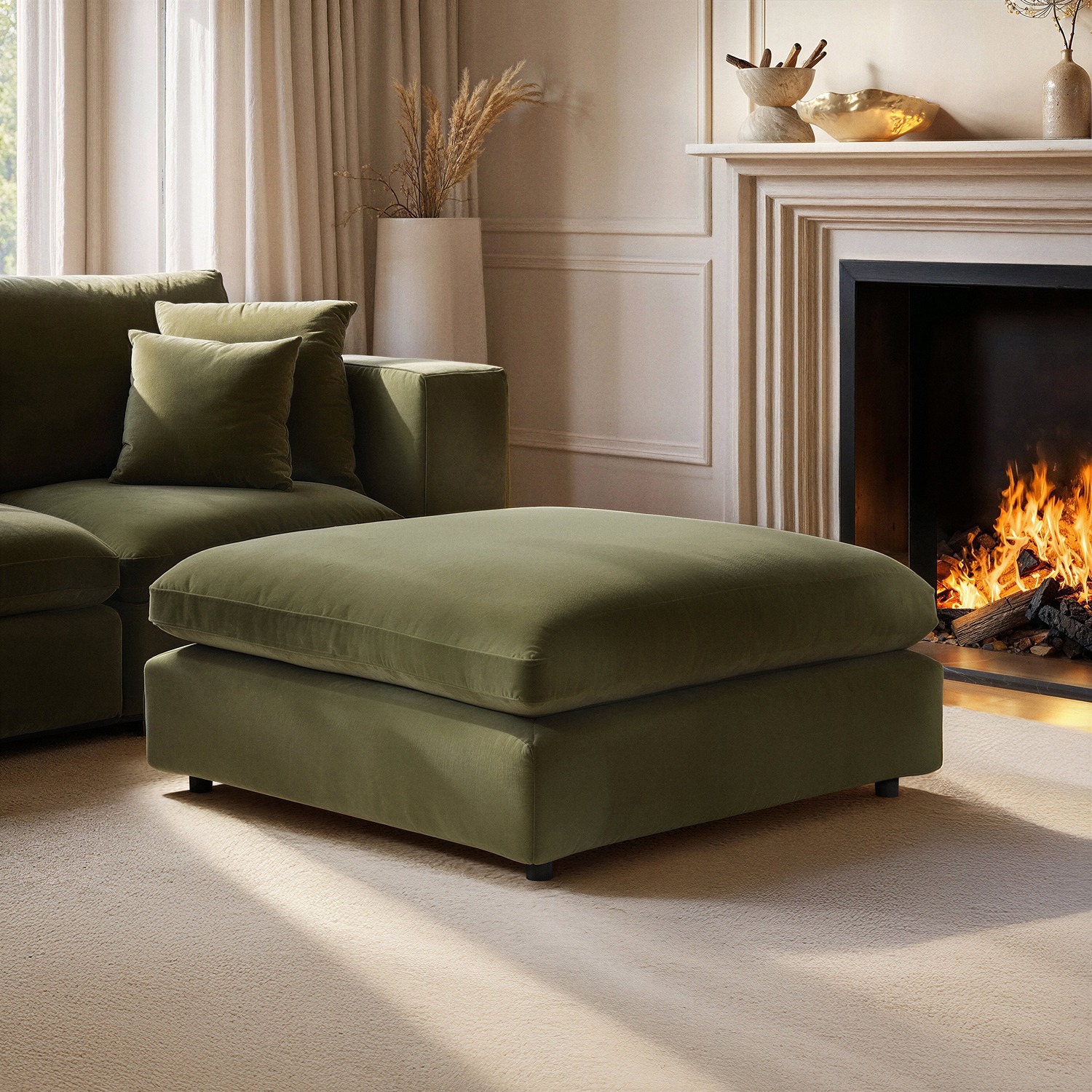 Solace+Co Asher Footstool Khaki Green Velvet, Green