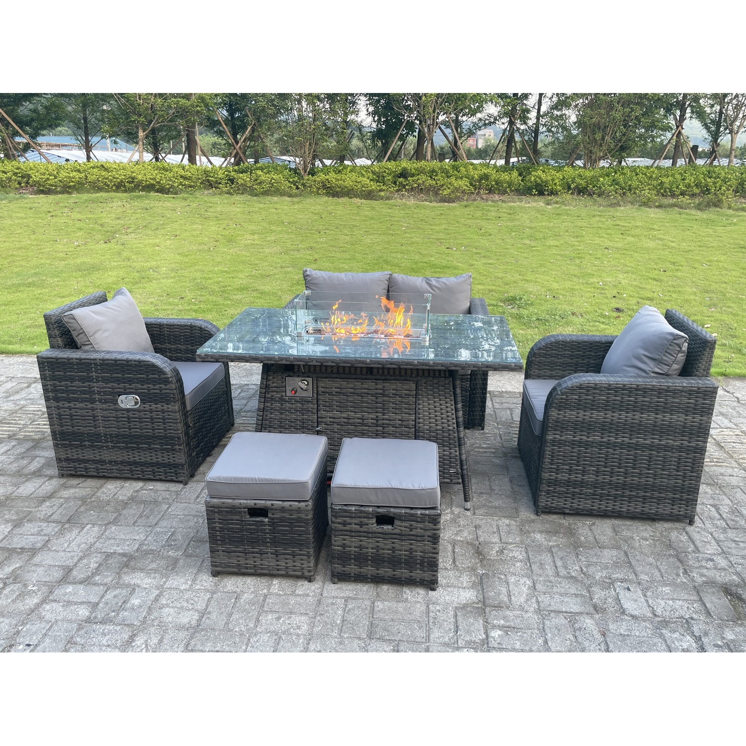 Fimous Rattan 6 Seater Gas Fire Pit Sofa Set Reclining Chairs Stools