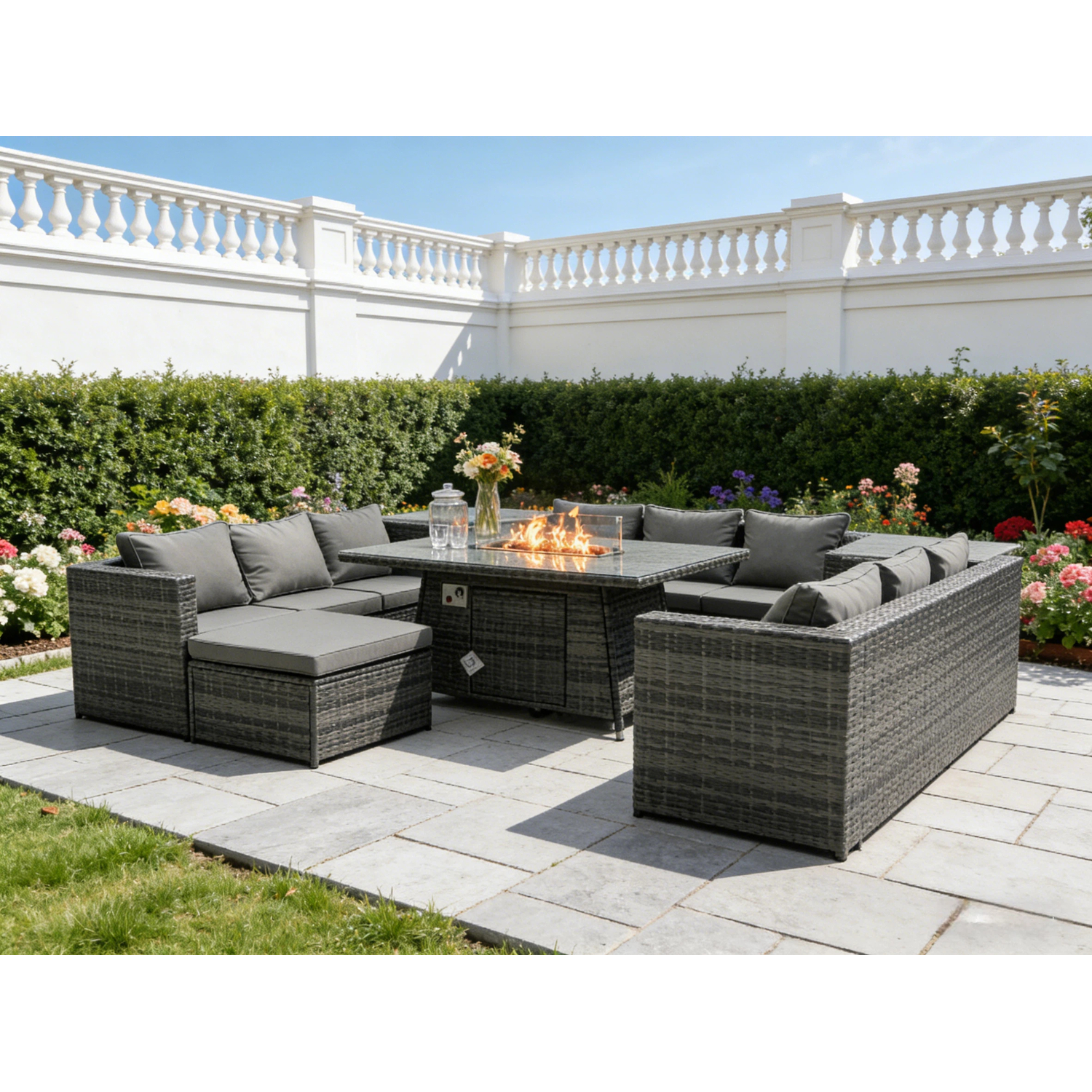 Fimous Rattan 10 Seater Gas Fire Pit Dining Set Stool