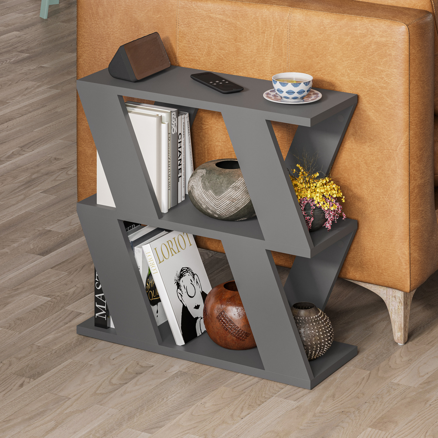 Decortie Modern 3-Tier Zigzag Side Table - Slim End Table - Anthracite Grey
