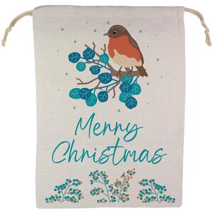 Festive Robin Santa Sack - Large Linen-Style Xmas Gift Bag with Drawstring