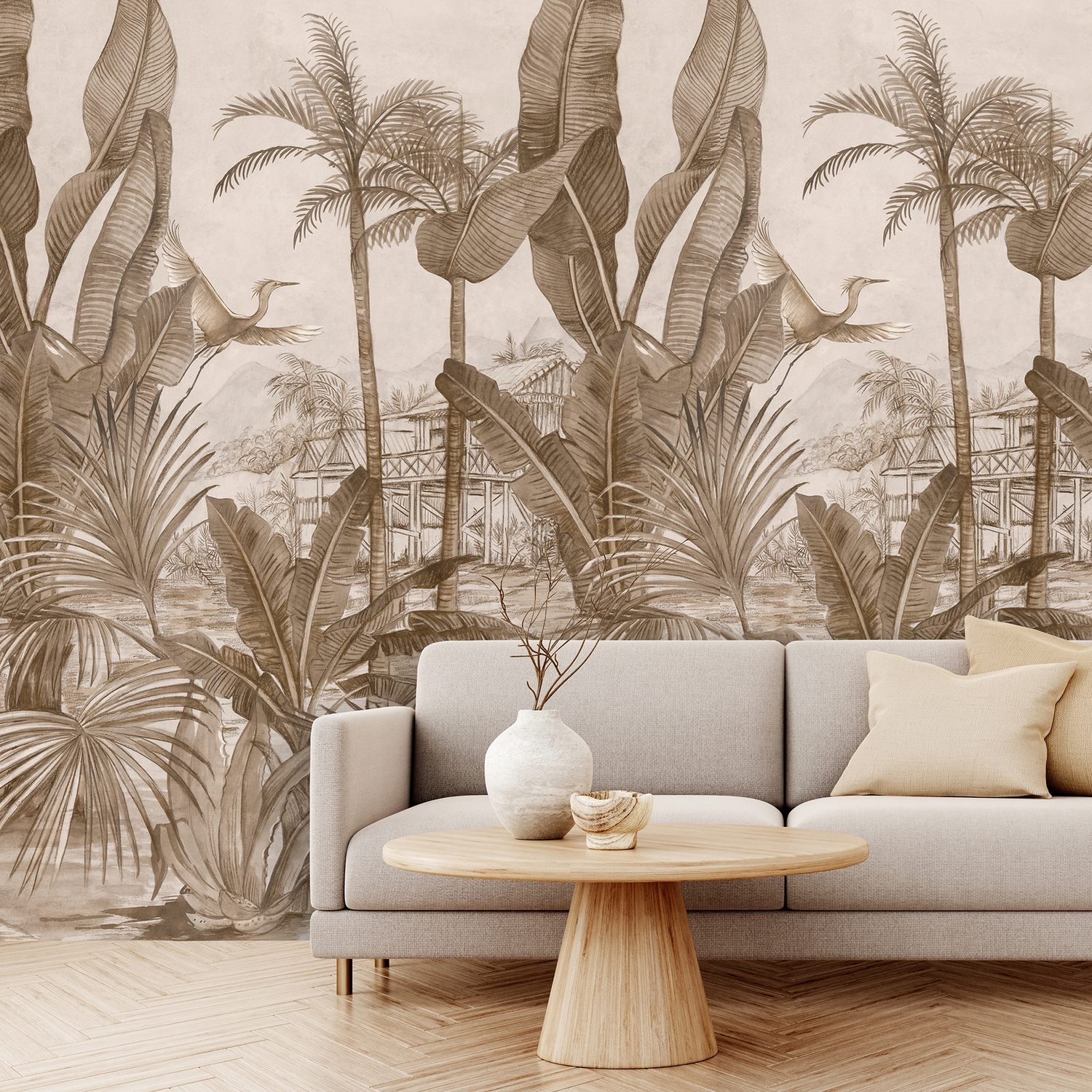 Grandeco Jungle Pavillion 3 Lane Repeatable Wallpaper Mural - Sepia