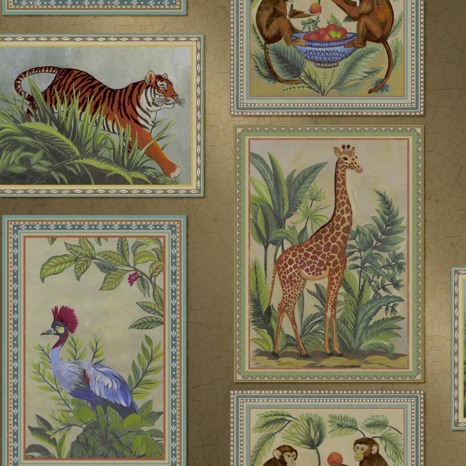 Gold Tropical Frames Wallpaper Exotic Wildlife Metallic Tigers Monkeys Giraffes - Image 4