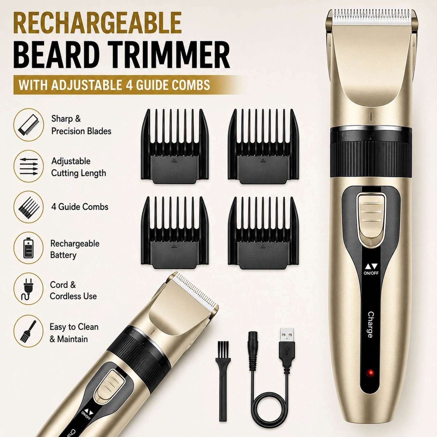 Atek Hair Clippers Beard Trimmer Rechargeable Usb Charging Cutting Kit