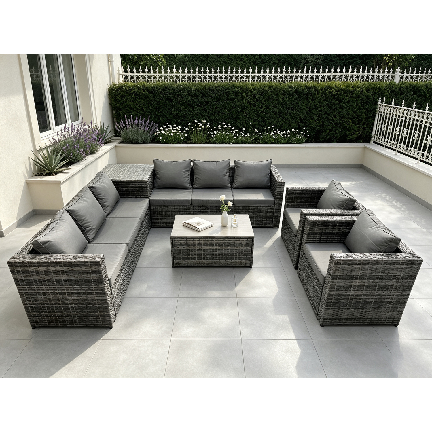 Fimous Dark/Grey 8 Seater Rattan Garden Furniture Set With Sofa, 2 Chairs, Coffee Table & Side Table - Image 2