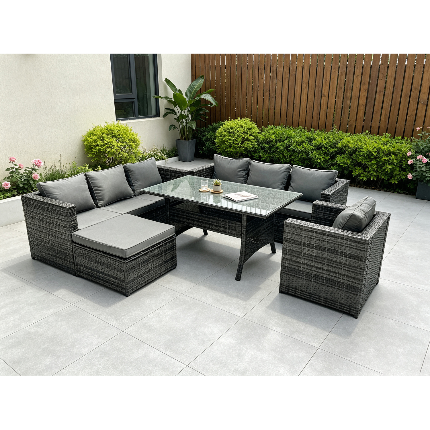 Fimous 8 Seater Outdoor Lounge Sofa Garden Furniture Set Patio Rattan Rectangular Dining Table Chair With Big Footstool Dark Grey - Image 3