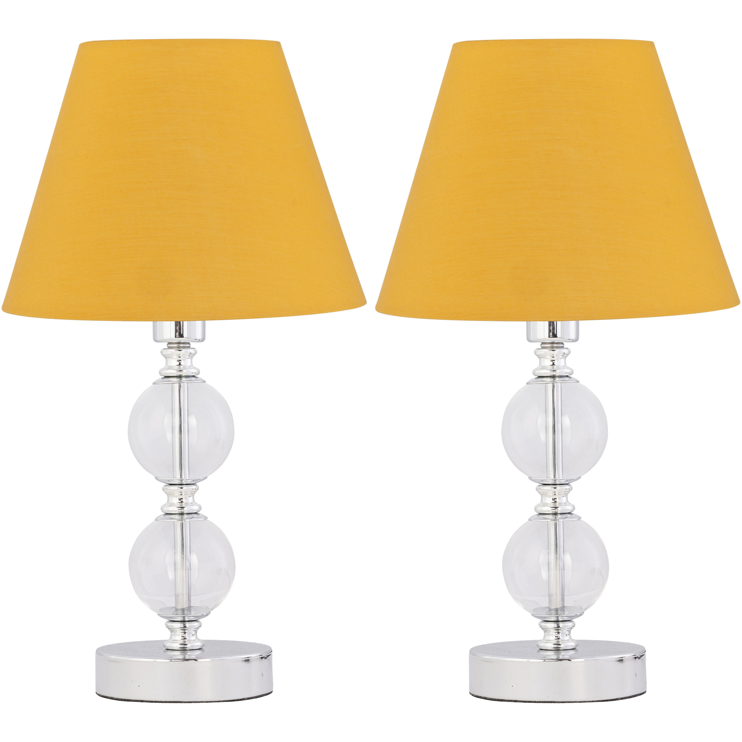 First Choice Lighting Set Of 2 Chrome Two Ball Table Lamps With Ochre Yellow Shades - Chrome & Ochre