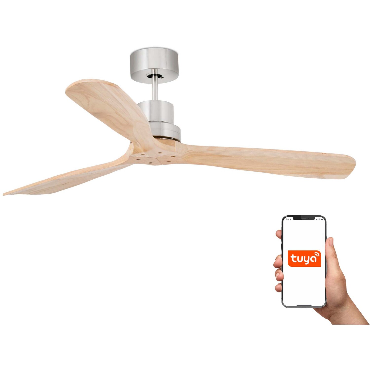B&Q - Luminosa Lantau Large 3 Blade Ceiling Fan Satin NickelPine Tuya Smart System - Image 2
