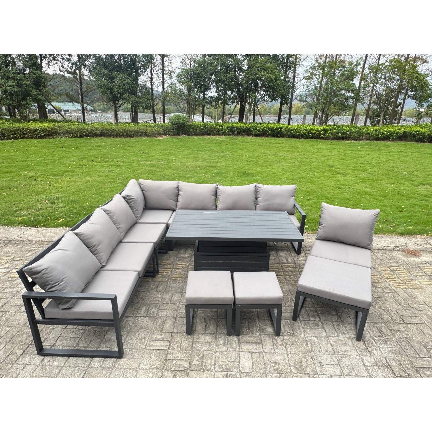 Fimous Dark/Grey 10 Seater Aluminium Garden Furniture Set With Adjustable Rising Dining Table & 3 Footstools - Image 3
