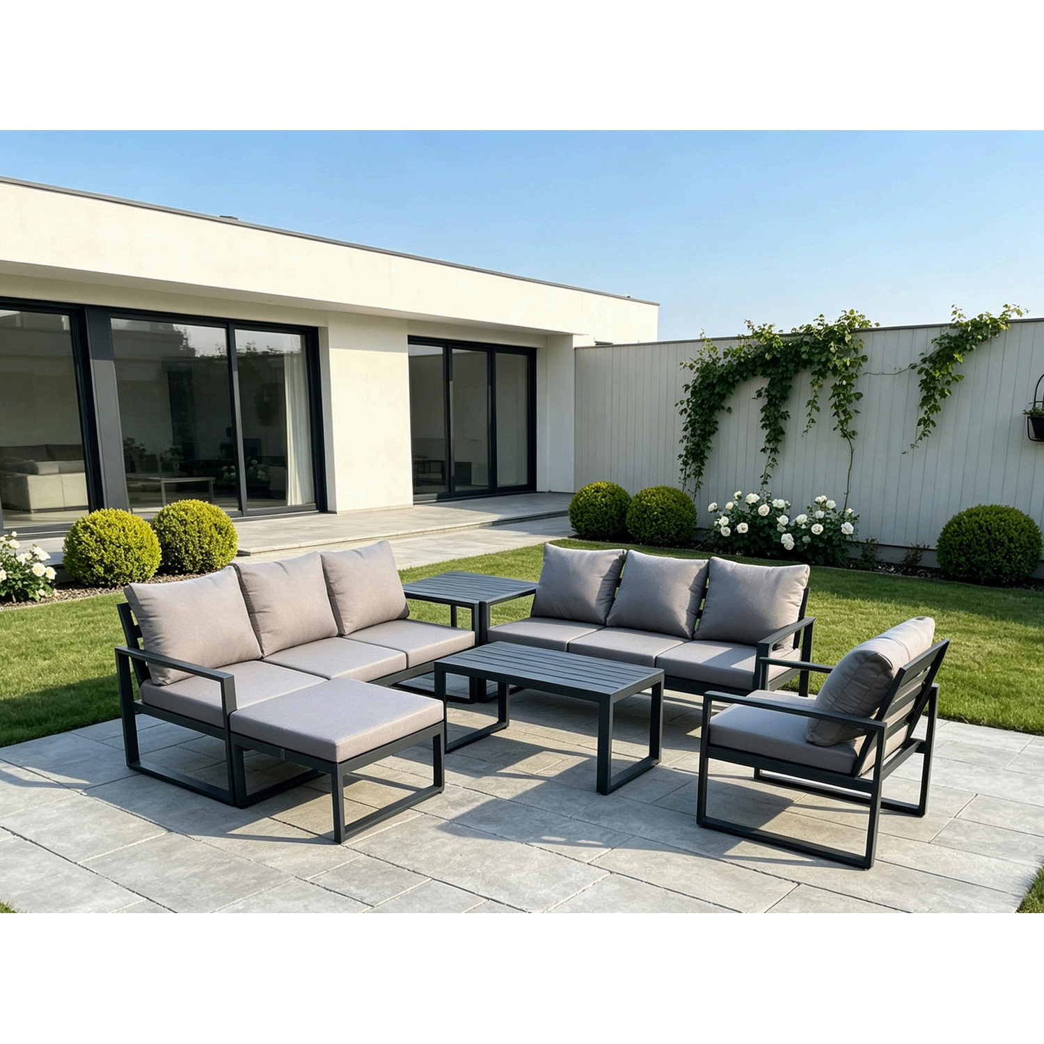 B&Q - Aluminium 8 Seater Garden Furniture Patio Sofa Set With Rectangular Coffee Table Armchair Big Footstool Side Table - Image 2
