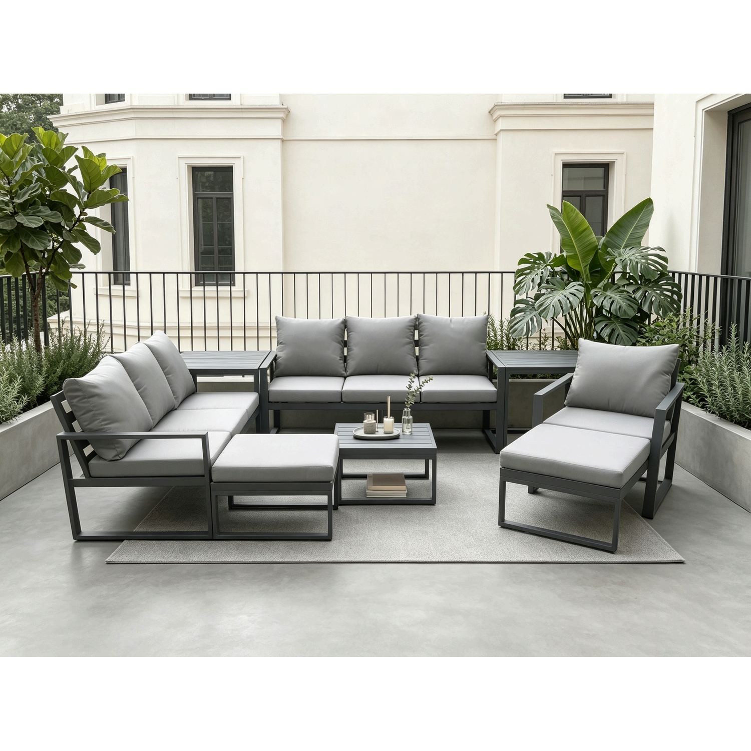 Fimous Unisex Dark Grey Aluminium Outdoor Lounge Sofa Set Garden Furniture Sets With Square Coffee Table Chair Big Footstools Side Tables Size 2 - Image 2
