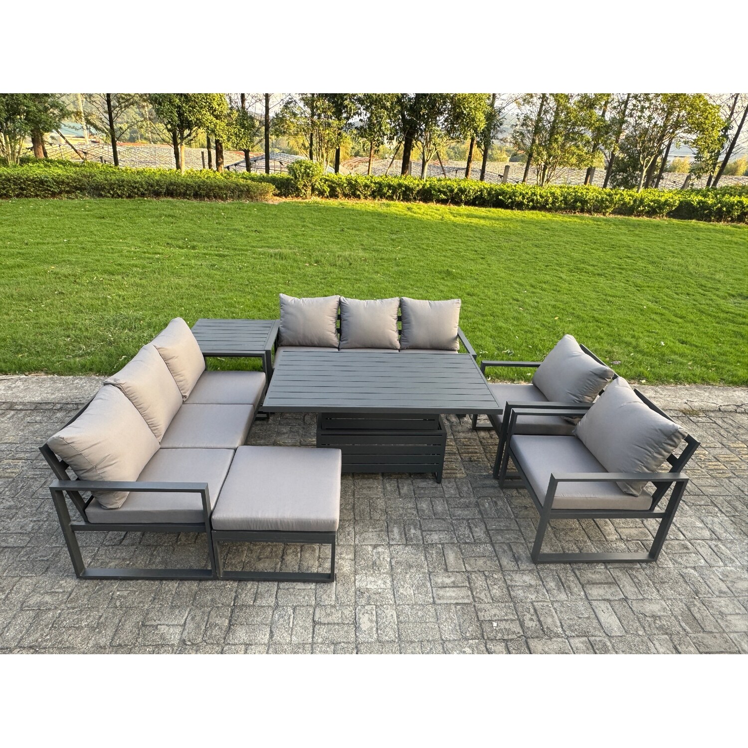 Fimous Unisex Dark Grey Aluminum 9-Seater Patio Set With Lifting Table, 2 Chairs & Big Stool In Size 9 - Image 3