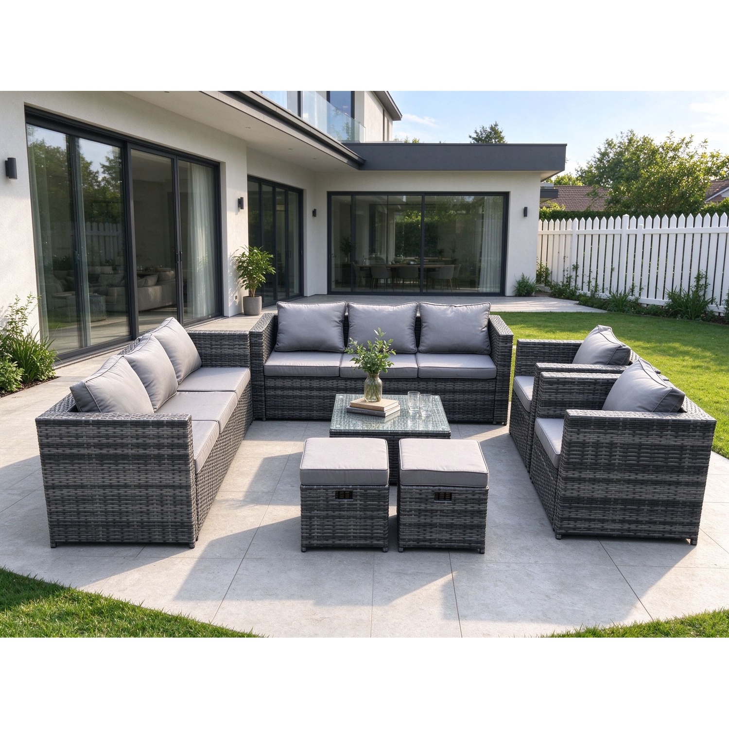 Fimous Unisex Dark Grey 10 Seater Rattan Garden Furniture Sofa Set With 2 Armchairs Square Coffee Table 2 Footstools Indoor Side Table In Small - Image 2