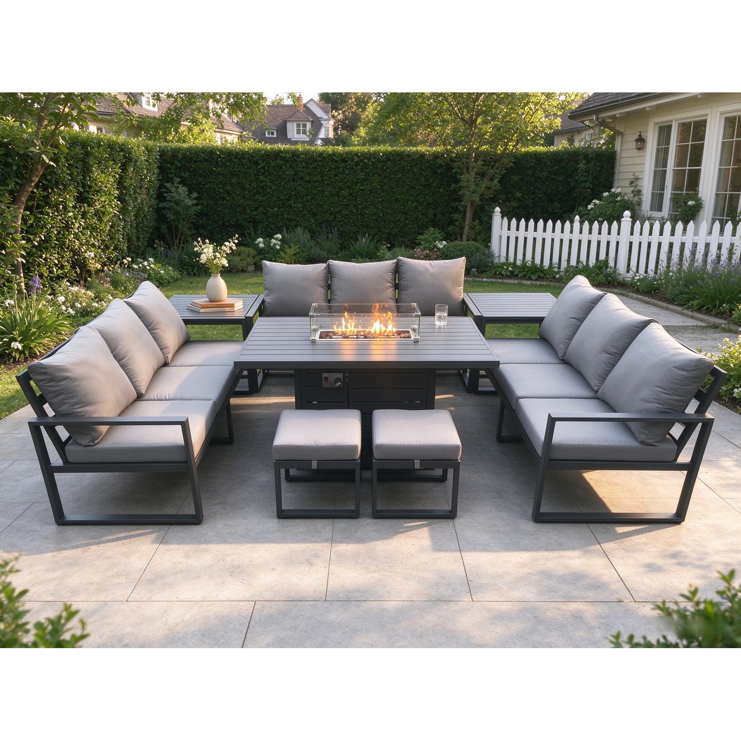 Fimous Unisex Dark Grey Aluminium 11 Seater Garden Furniture Outdoor Set Patio Lounge Sofa Gas Fire Pit Dining Table Set With 2 Footstools In Small - Image 2