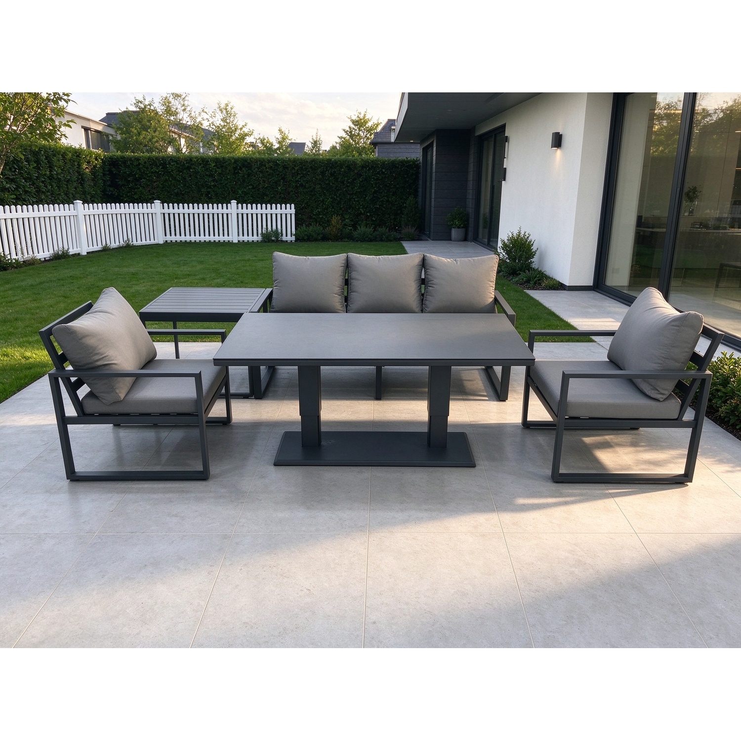 Fimous Unisex Dark Grey Outdoor Aluminium Garden Furniture Set With Adjustable Rising Lifting Dining Table Seater Sofa 2 Chair Side Table Size 3 - Image 2