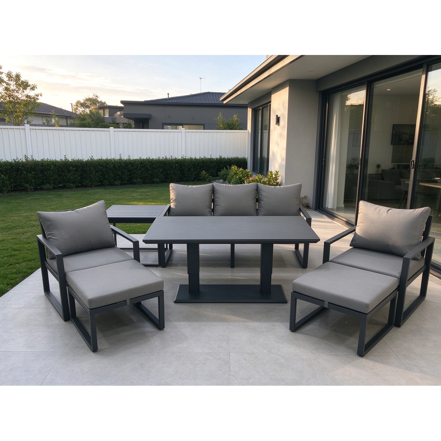 Rackhams Dark/Grey Outdoor Aluminium Garden Furniture Set With Adjustable Rising Lifting Dining Table 3 Seater Sofa 2 Chair 2 Big Footstools Side Table - Image 2