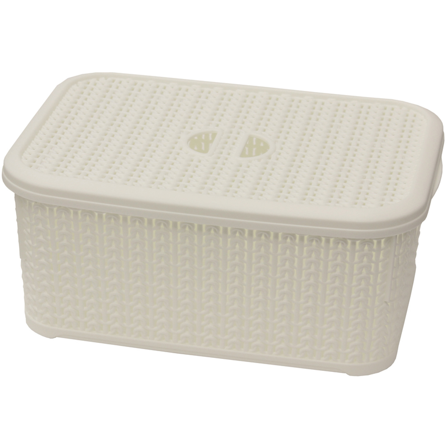 Knit Design Loop Plastic Lidded Rectangular Storage Basket - White