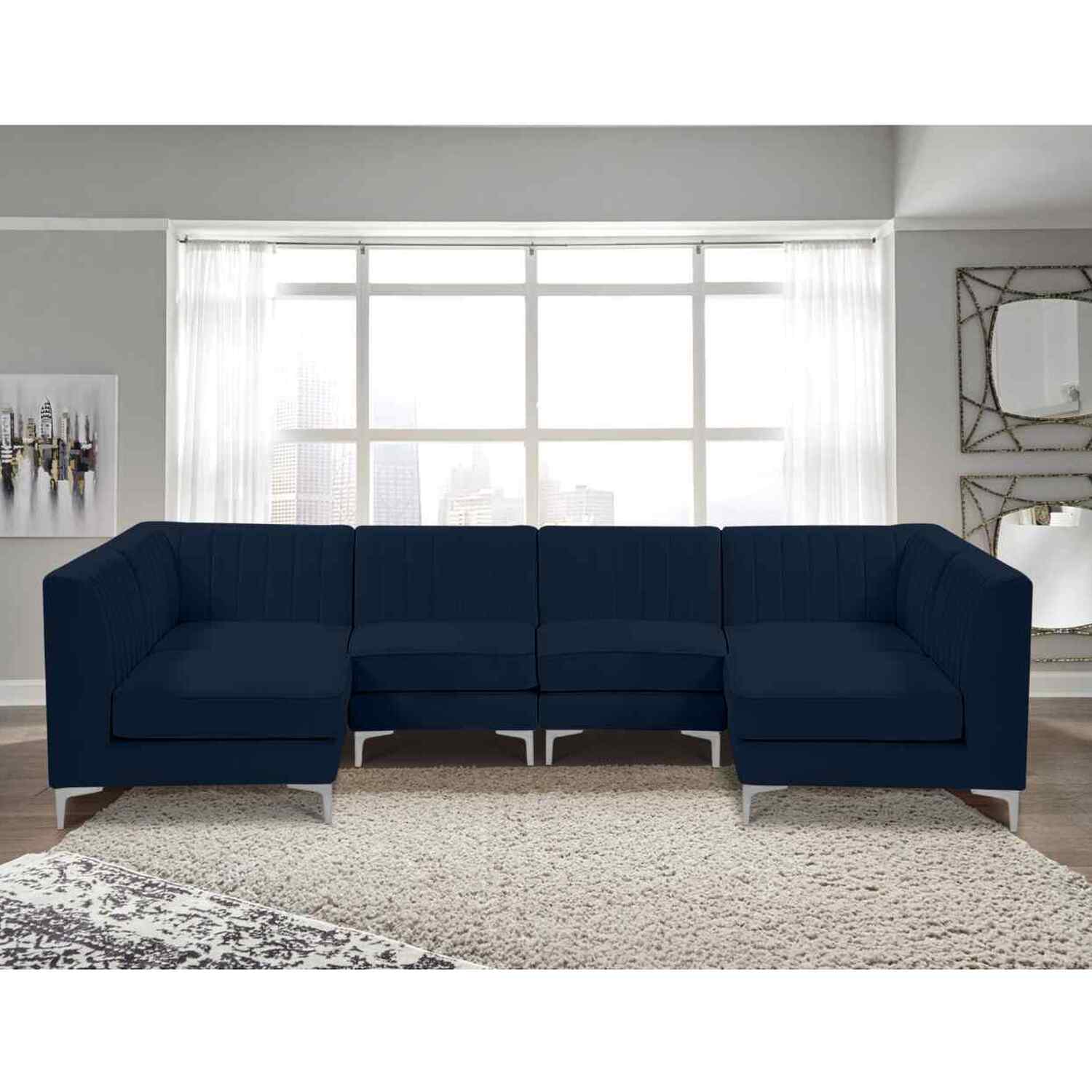 Simply Eleganza - Elena Modular Corner U Shape Sofa in Velour Fabric - Blue thumbnail