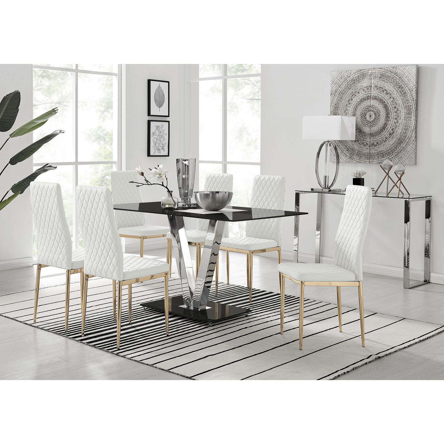 Florini V Black Dining Table and 6 Gold Leg Milan Chairs - White thumbnail