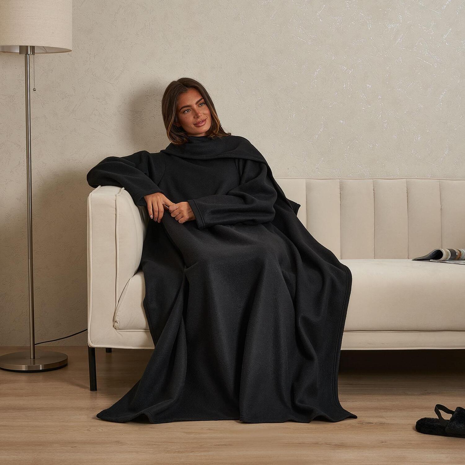 OHS Polar Fleece Blanket with Sleeves Wearable Wrap Throw - Black