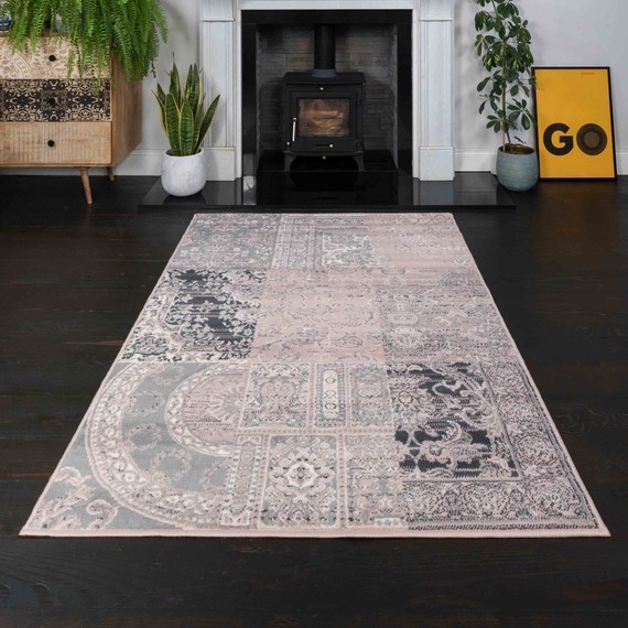 Blush Pink Grey Traditional Patchwork Living Room Rug