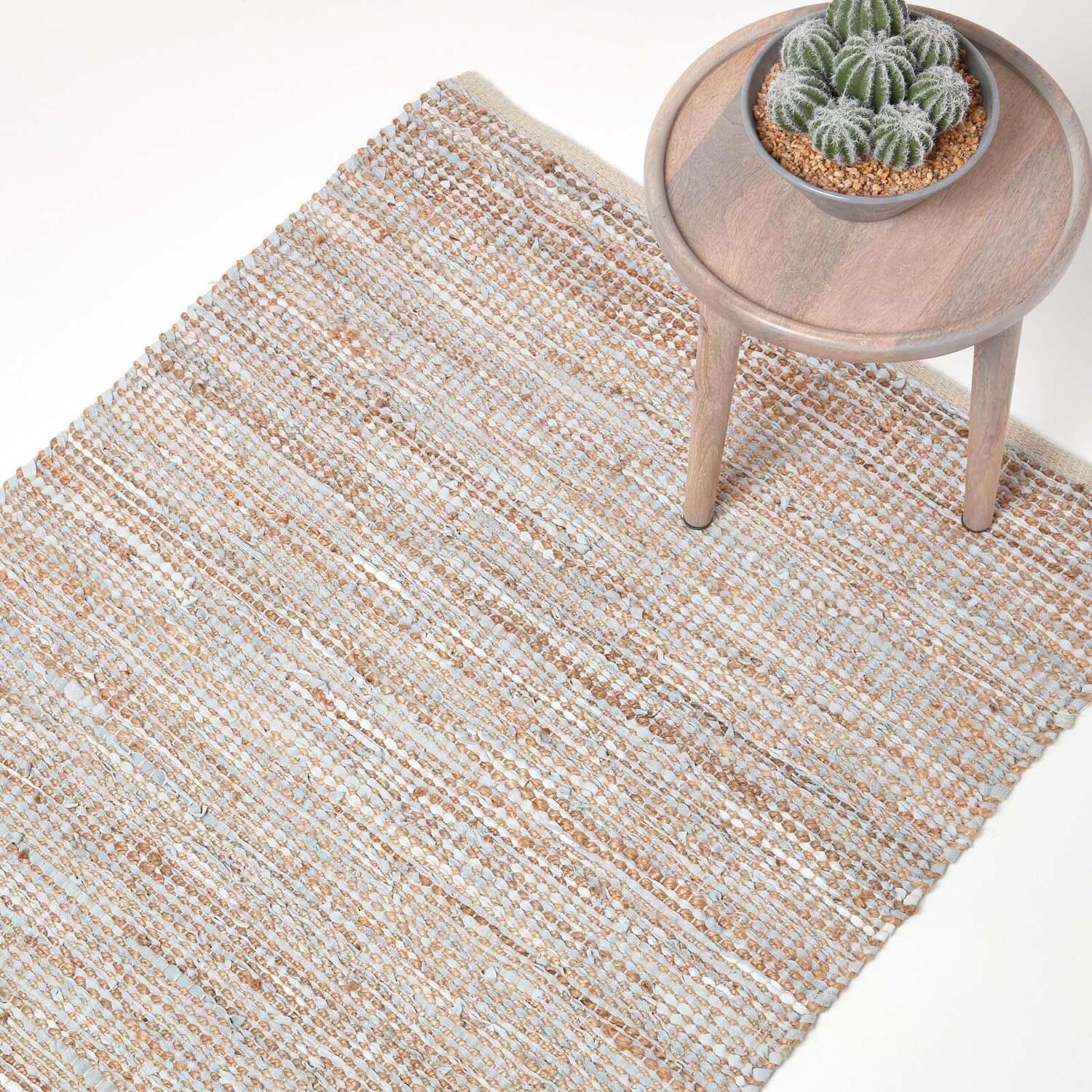 Homescapes Madras Leather Hemp Rug - Natural / 244cm