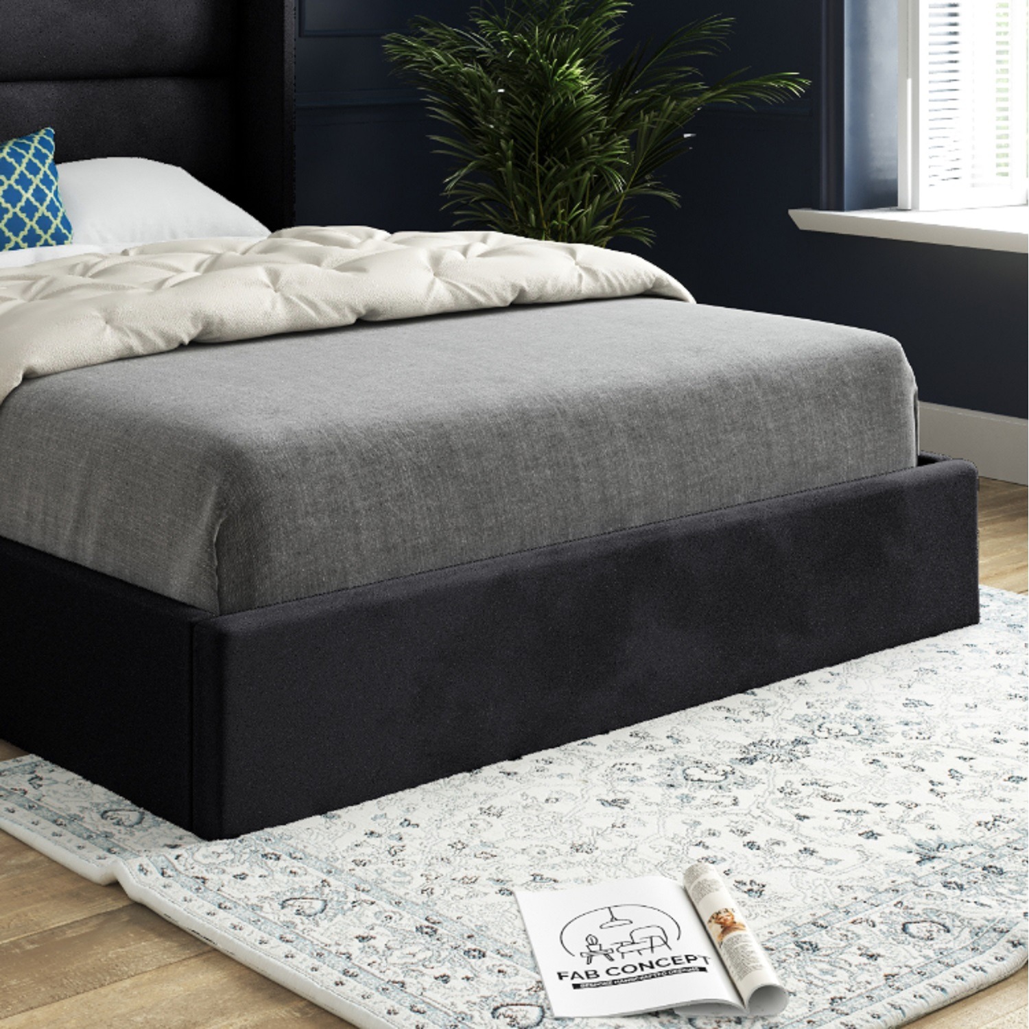 Nuno Straight Winged Upholstered Soft Velvet Bed Frame - Black Superking