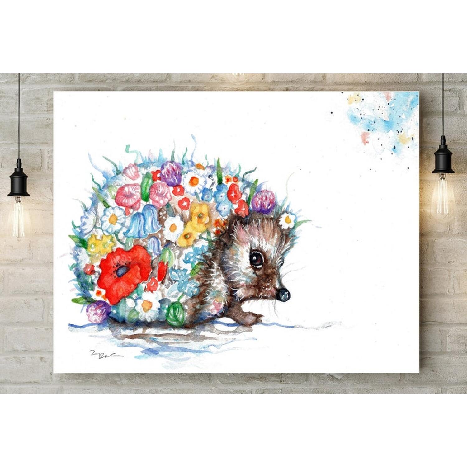 Floral Hedgehog Canvas Wall Art - Brown 12 X 18 In