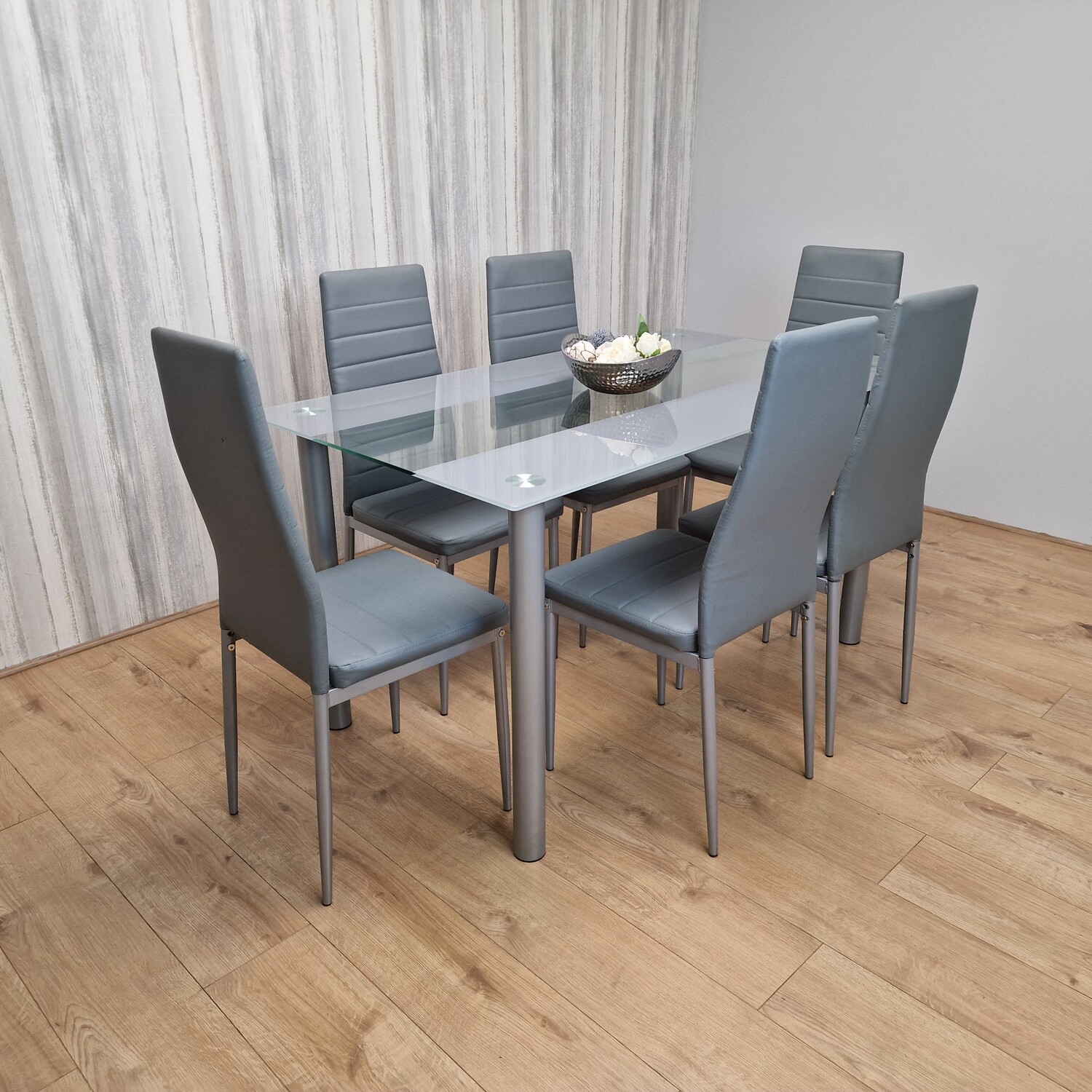 Fely 7pc Dining Table and Chair Set, Glass Top, Black Faux Leather