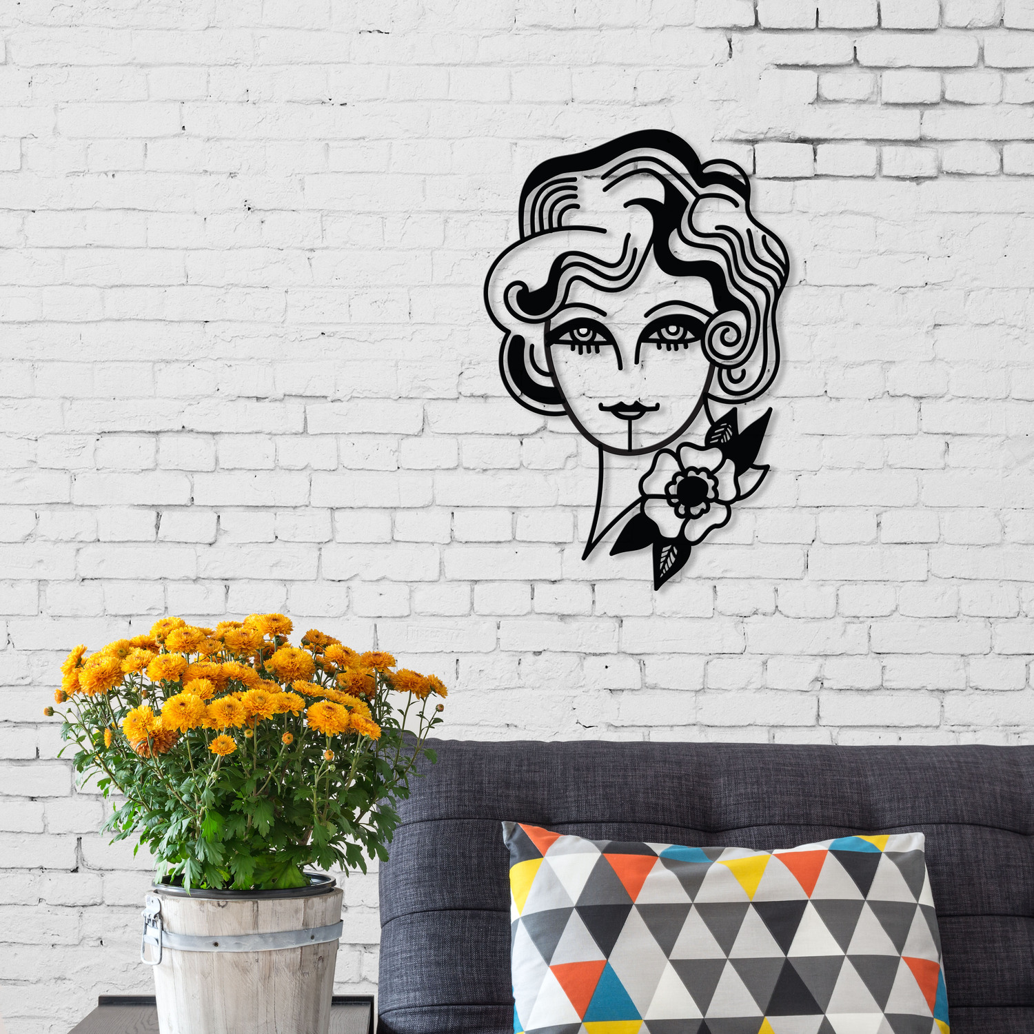 Decortie Woman In Flowers Wall Art Metal Decorative Object - Black - Black