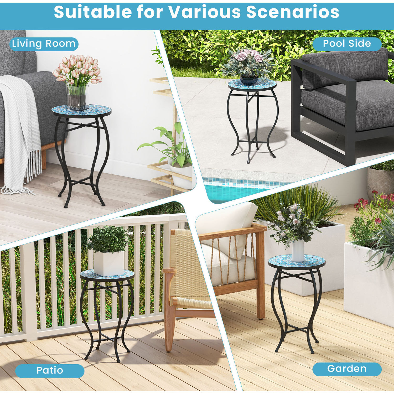 Outdoor Porch Plant Stand Mosaic Accent Coffee Table - Blue