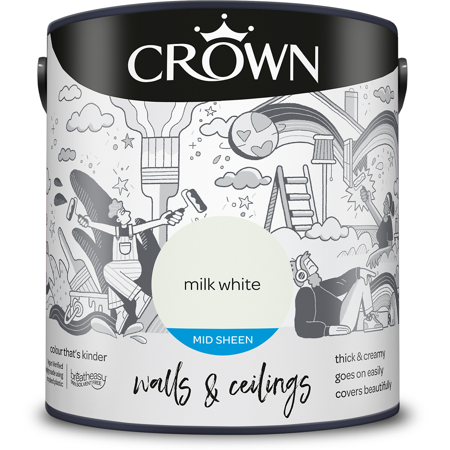 Crown Paints Wilko Crown Walls And Ceilings Mid Sheen Emulsion - Milk White / 2.5L