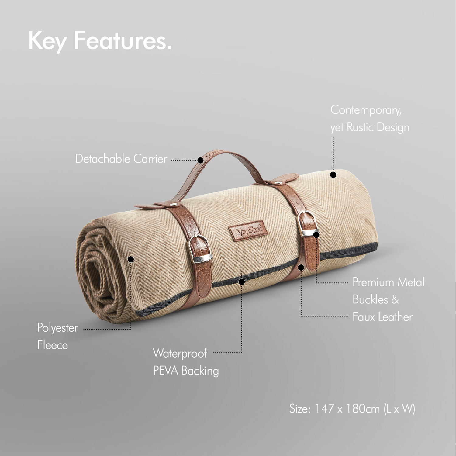 Picnic Blanket With Faux Leather Carry Handle - Beige 180cm