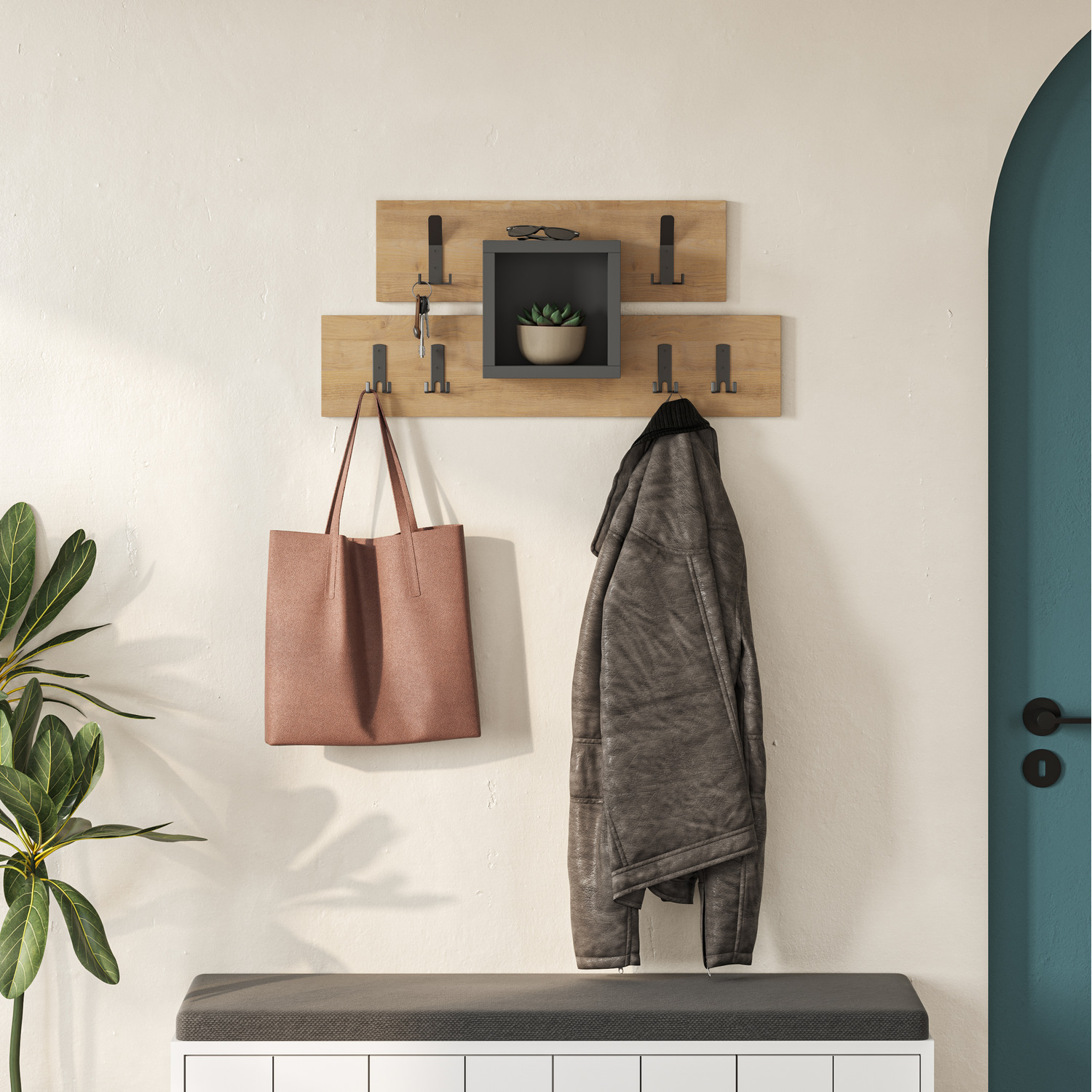 Lumina Modern Coat Hanger with 6 Hooks 1 Open Shelf - Oak