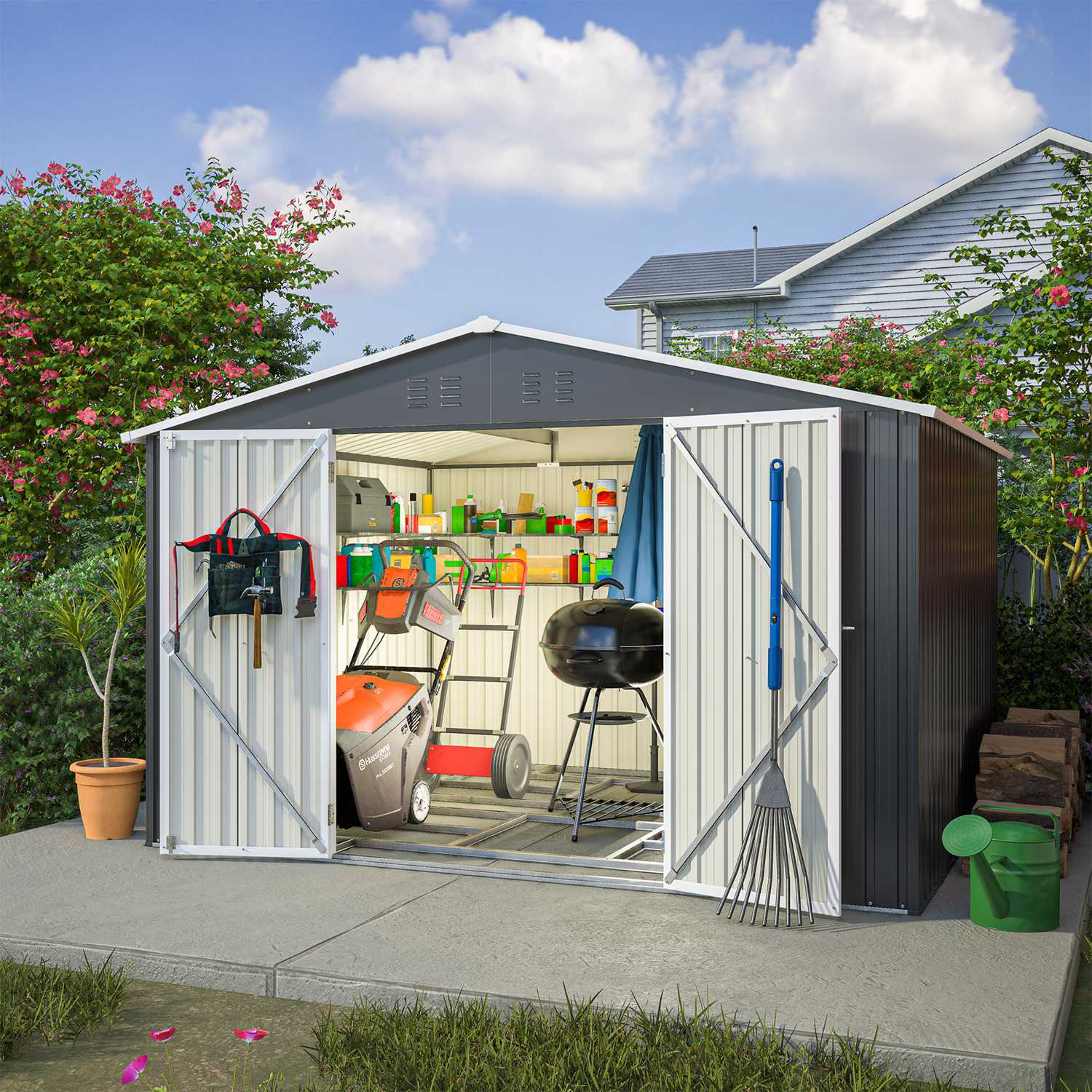 BIRCHTREE Metal Garden Shed with Free Foundation - Anthracite / 10ft x 8ft