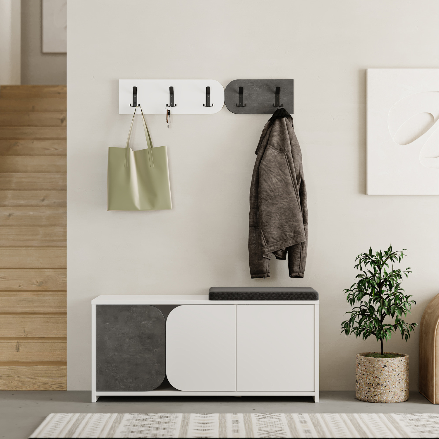 Moni Modern Shoe Cabinet Bench with Wall Mounted Hanger - Retro Grey