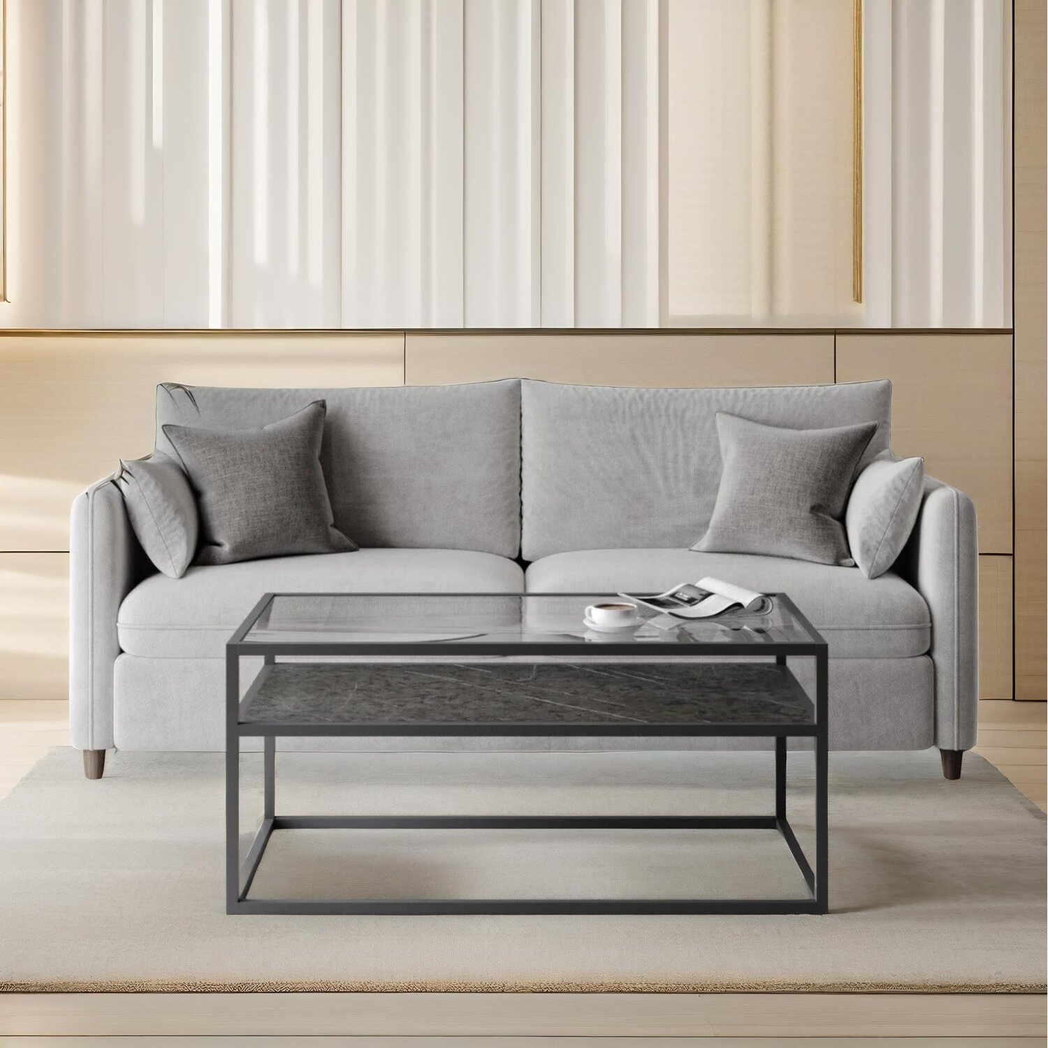 Glass Top Coffee Table With Steel Frame - Black Black