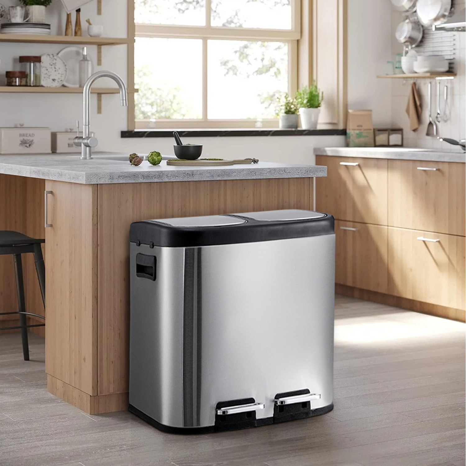 20L Stainless Steel Step Open Trash Can with Dual Pedals