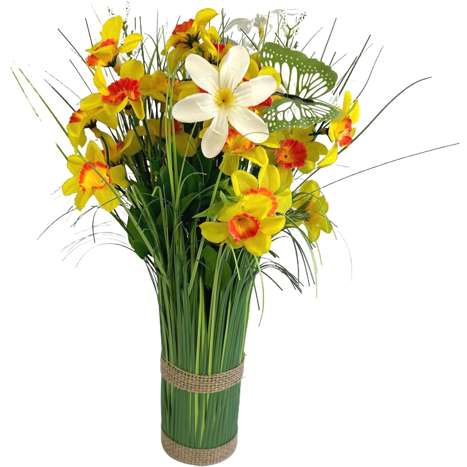 Artificial Butterfly, Daffodil, Grass and Wild Flower Arrangement - Yellow
