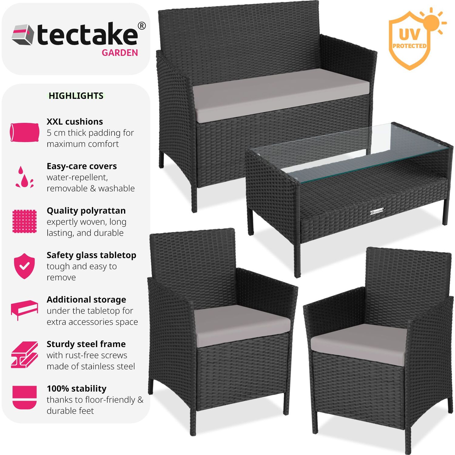 Garden Furniture Set Madeira - Sofa 2 Armchairs Coffee Table - Black Grey