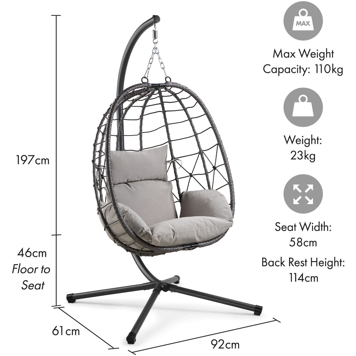 Garden Hanging Egg Chair With Stand - Grey