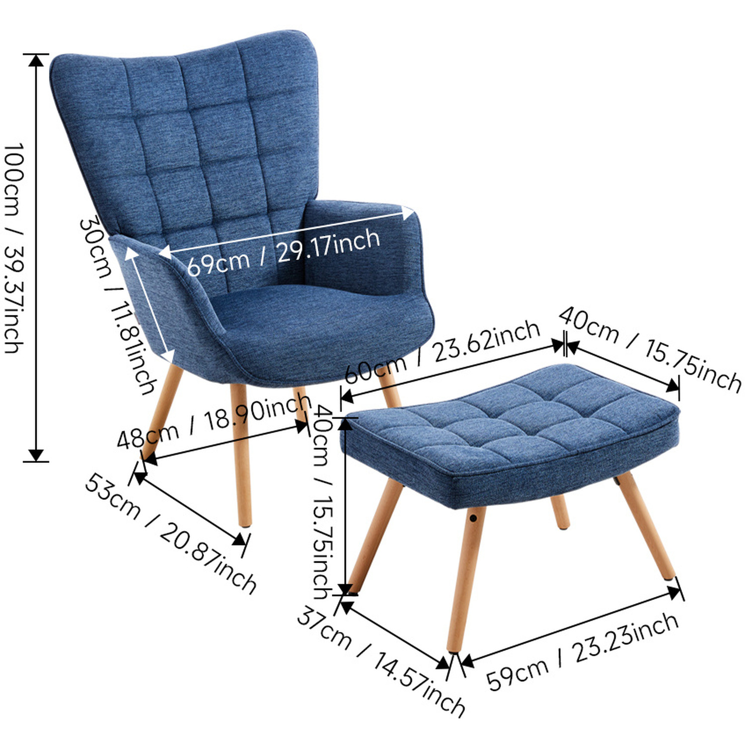 Upholstered Wingback Armchair With Footstool - Dark Blue